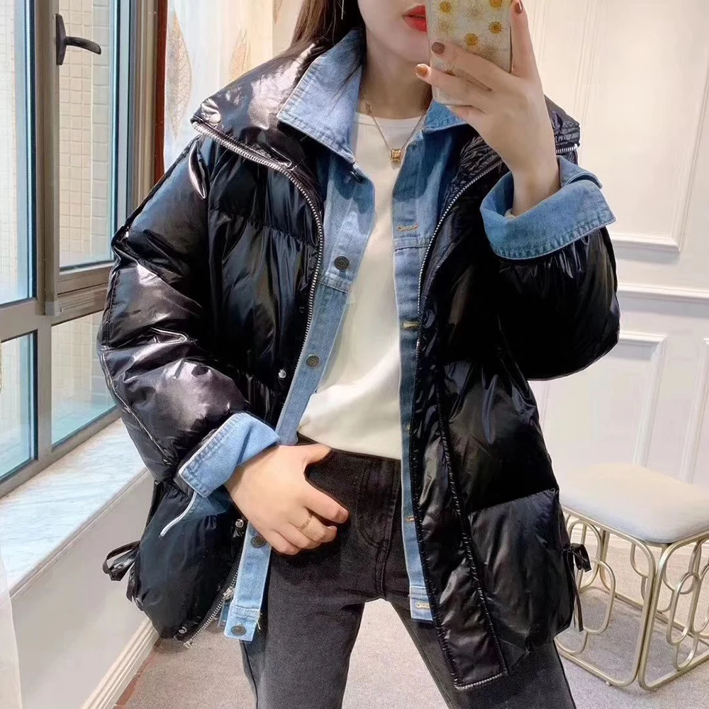 Зимнее теплое модное пуховое пальто женская джинсовая куртка белое из двух