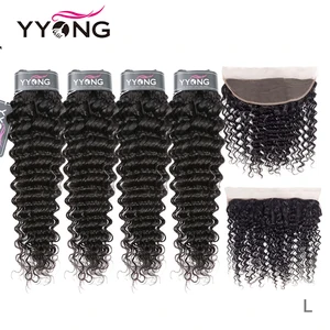 Yyong волосы 34 Бразильские глубокие волнистые пряди с фронтальной 100% Remy натуральные кудрявые пучки волос пряди с 13x4 кружевной фронтальной можно окрашивать