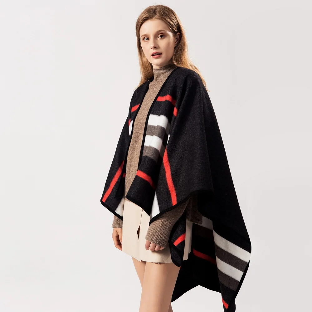 Осень-зима 2019 женское дизайнерское теплое пончо в полоску накидки для женщин