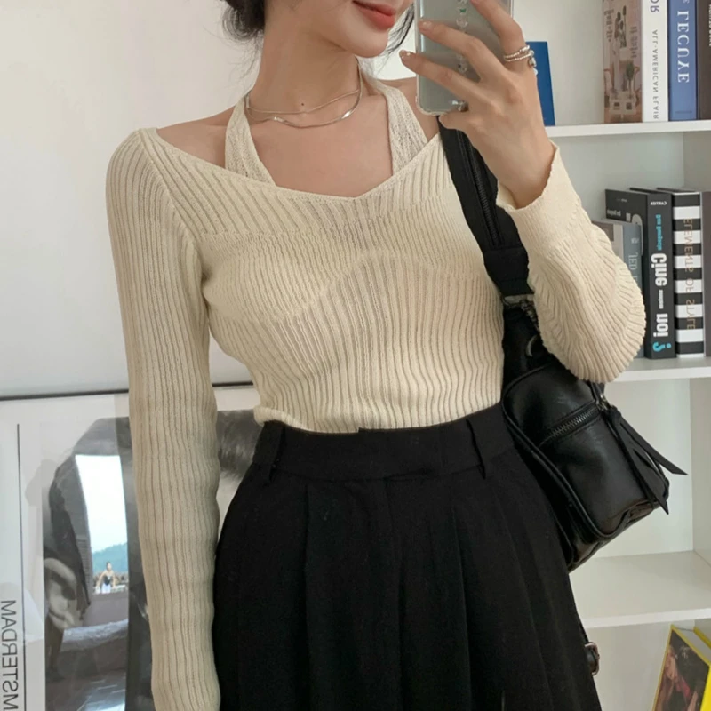 

Fake Two-Piece Halter White Sweater Women's Autumn 2021 New Long Sleeve Slim Tight Bottoming Sweater Top