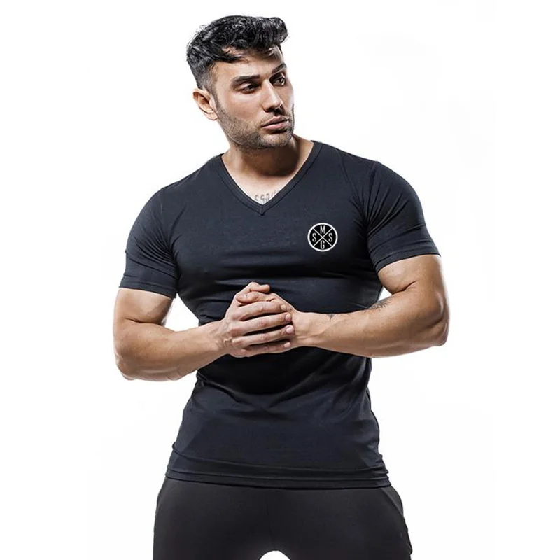 

Running T-shirt Men Gym V Neck Short Sleeve Tshirt Cotton Slim Fit Sports Tee Shirt Bodybuilding Fitness Workout Summer Clothing