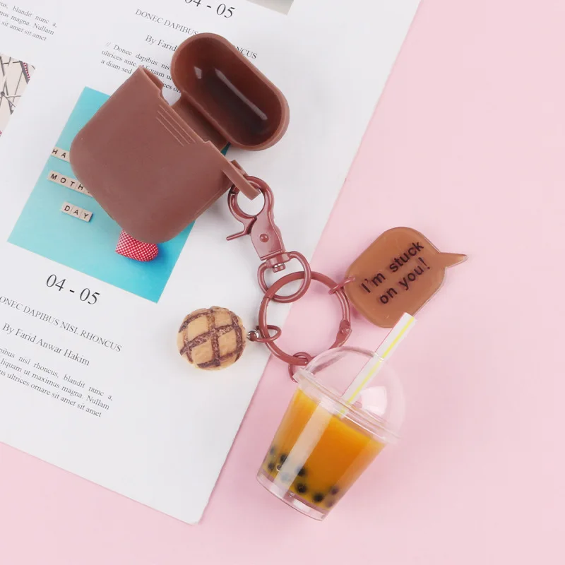 

Bubble Tea Bread Decor for AirPods 2/1 Bluetooth Wireless Silicone Earphone Case Cover With Cute Metal Keychain