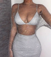 dirtylily new crystal diamond sexy bodycon dress women hollow out long sleeve mini dress 2020 summer see through party dress