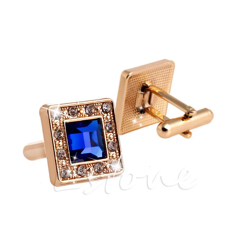 

Gold +Blue Crystal Square Men's Cufflinks Cuff Links Men's Wedding Cufflinks