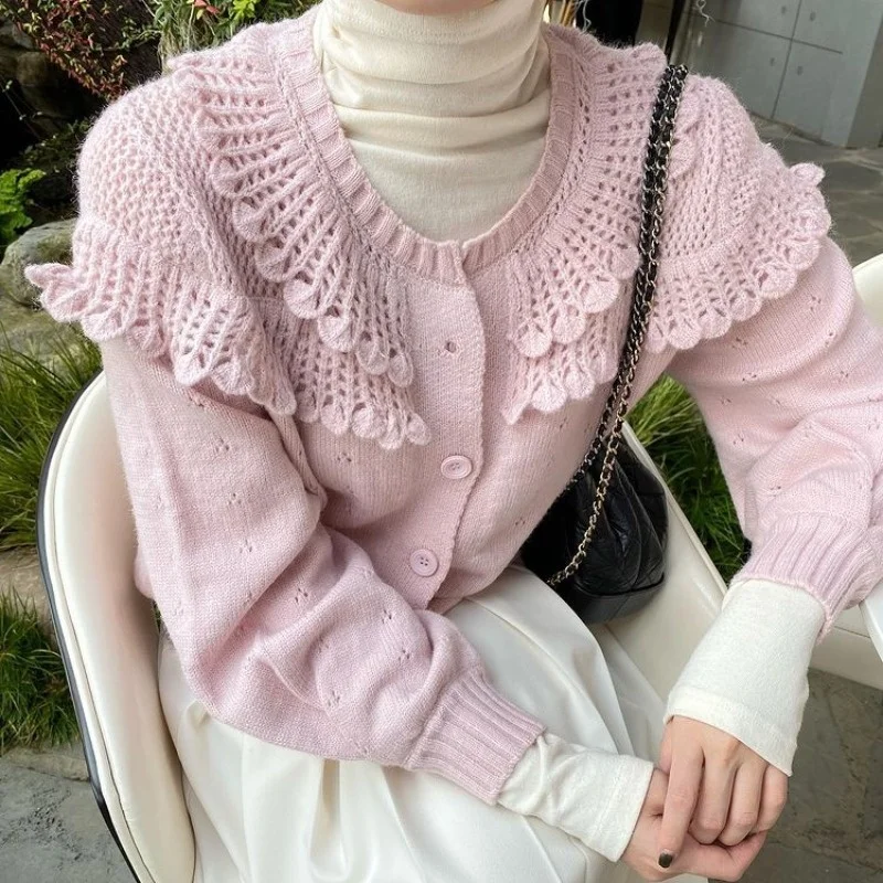 

Корейский вязаный кардиган на осень и зиму, нежный яркий однобортный вязаный свитер с ажурным крючком и кукольным воротником