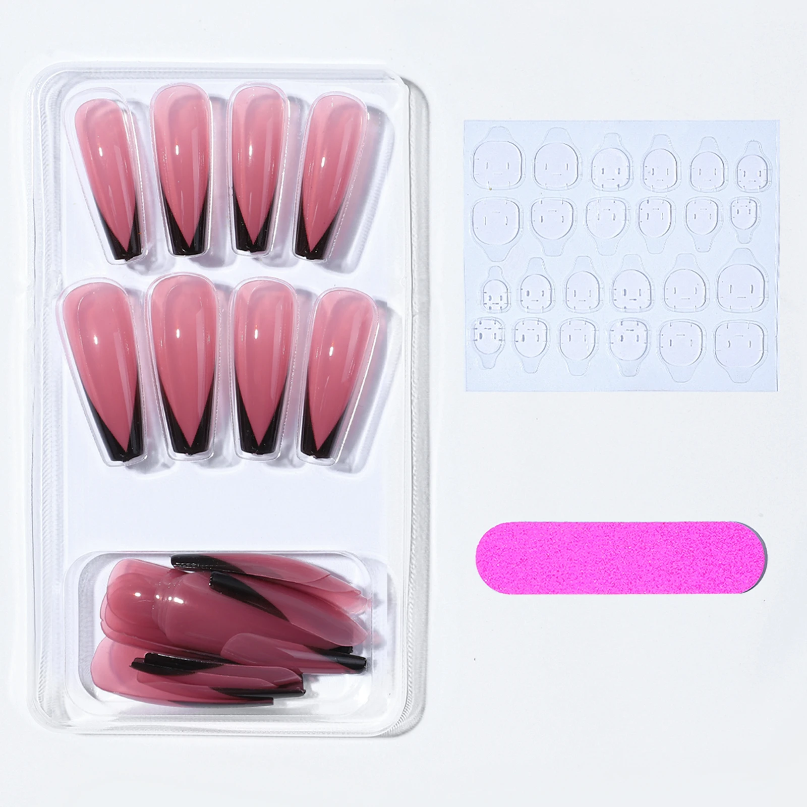 Сверхдлинные французские розовые накладные ногти с черными краями полное