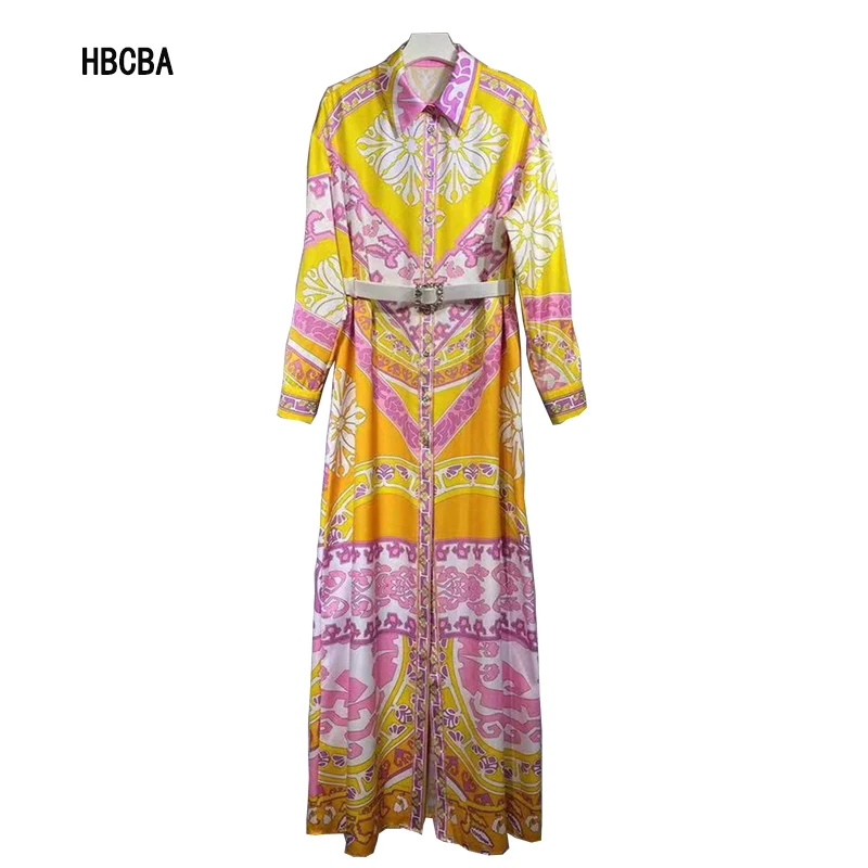

HBCBA Fashion Designer Early Spring Women's Turn-down Collar Single-Breasted Sashes Printed Maxi Dress