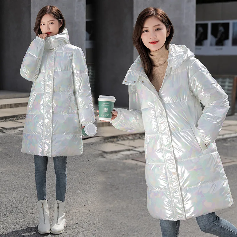 2021 Winter Korean New Holographic Clothing Women Long Parka Hooded Shiny Down Cotton Padded Jacket Fashion Casual Warm Coat