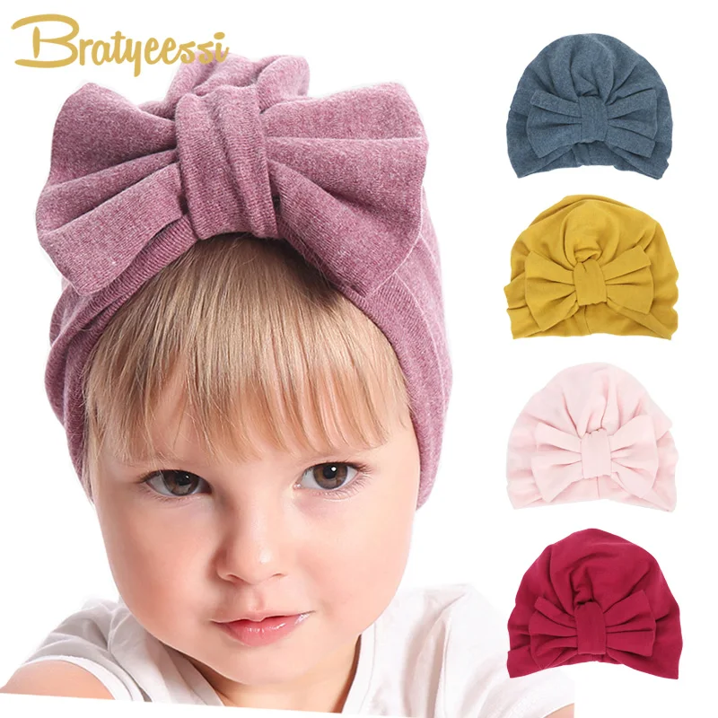 New Winter Baby Hat for Girls Big Bow Autumn Turban Cap Photography Props Infant Beanie Girl Accessories 12 Colors | Детская одежда и