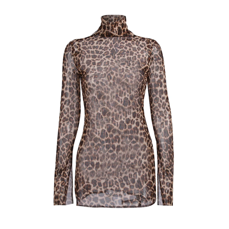 

WannaThis Leopard Print Flare Sleeve Mini Women's Dress Turtleneck Side Split Party Dress Lady Sexy Clubwear Summer Vestido 2021