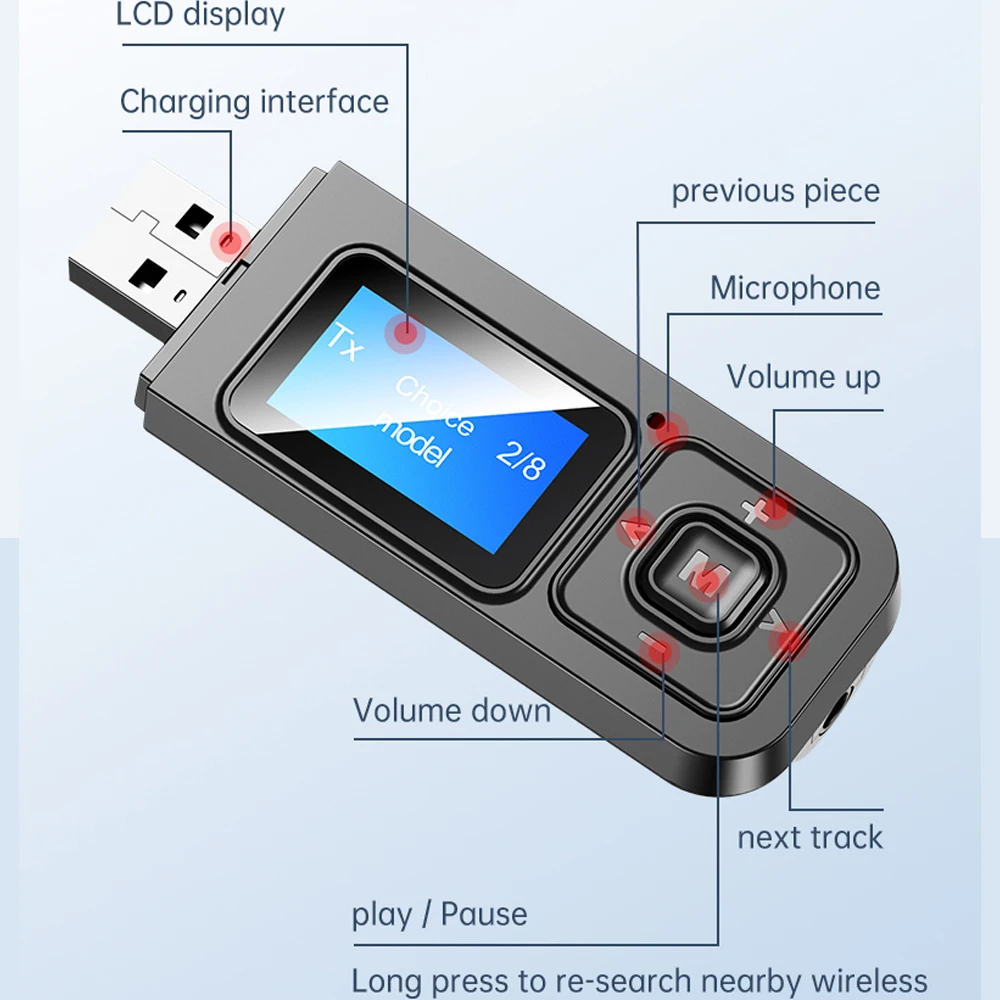 Bluetooth 5 0 приемник передатчик аудио адаптер ЖК-дисплей 3 мм Aux беспроводной стерео