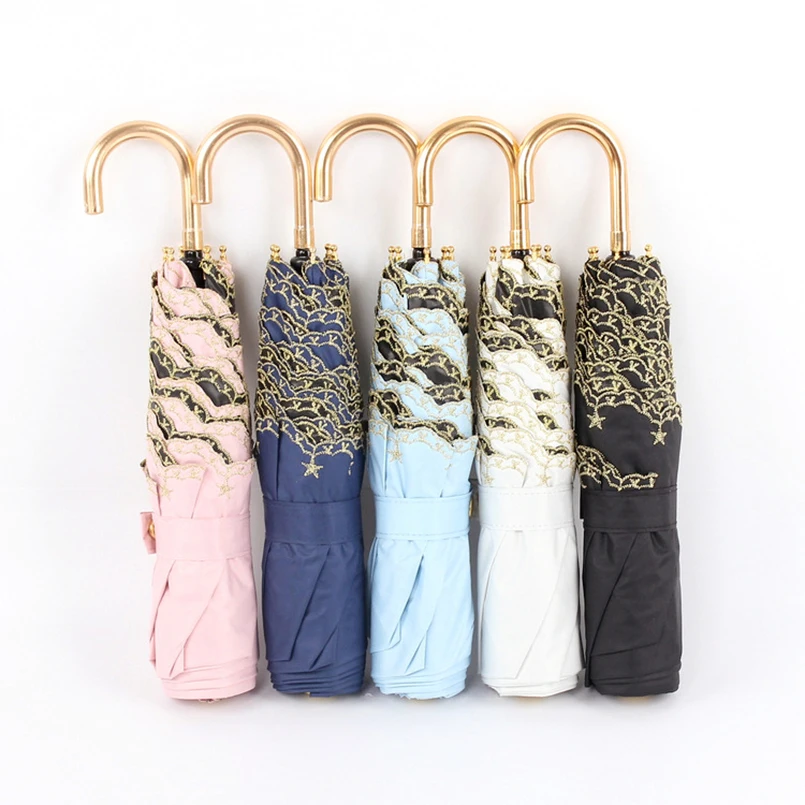 

Super Light 3 Folding Handle Women's Umbrella Golden Curved Handle Embroidered Umbrella Rain Women Windproof Female Girl Parasol
