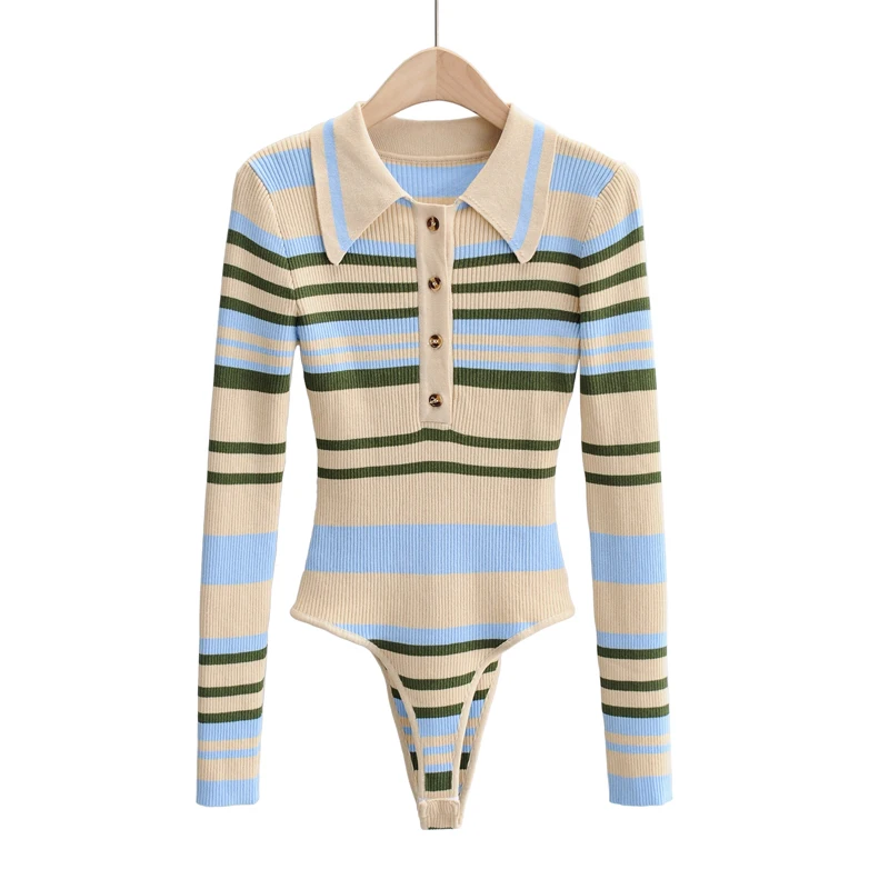 Spring Women Fashion V Neck Short Sleeve Pinstripe Slim Bodysuits Knitted Women  Playsuit Lapel Collar Sexy Bodysuit