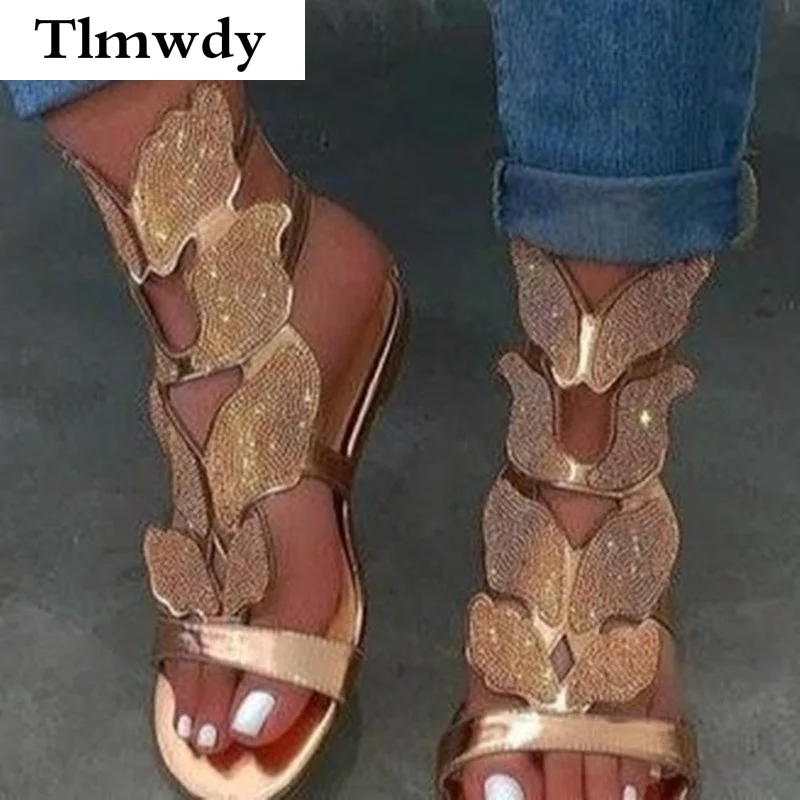 

Summer Women Sandals 2021 New Fashion Rhinestone Butterfly PU Leather Sandals Women Flat Sexy Open Toe Beach Shoes Plus Size