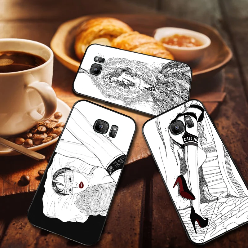 Черный и белый сексуальная девушка книжной иллюстрацией для samsung A3 A4 A5 A6 M40 A10 A20 A30