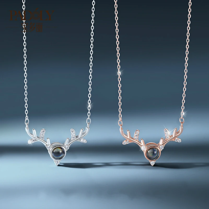 

Wholesale Romantic Style Silver Color Antler Deer Zircon Projection Necklace 100 Languages Pendant Chain Necklace For Women Girl