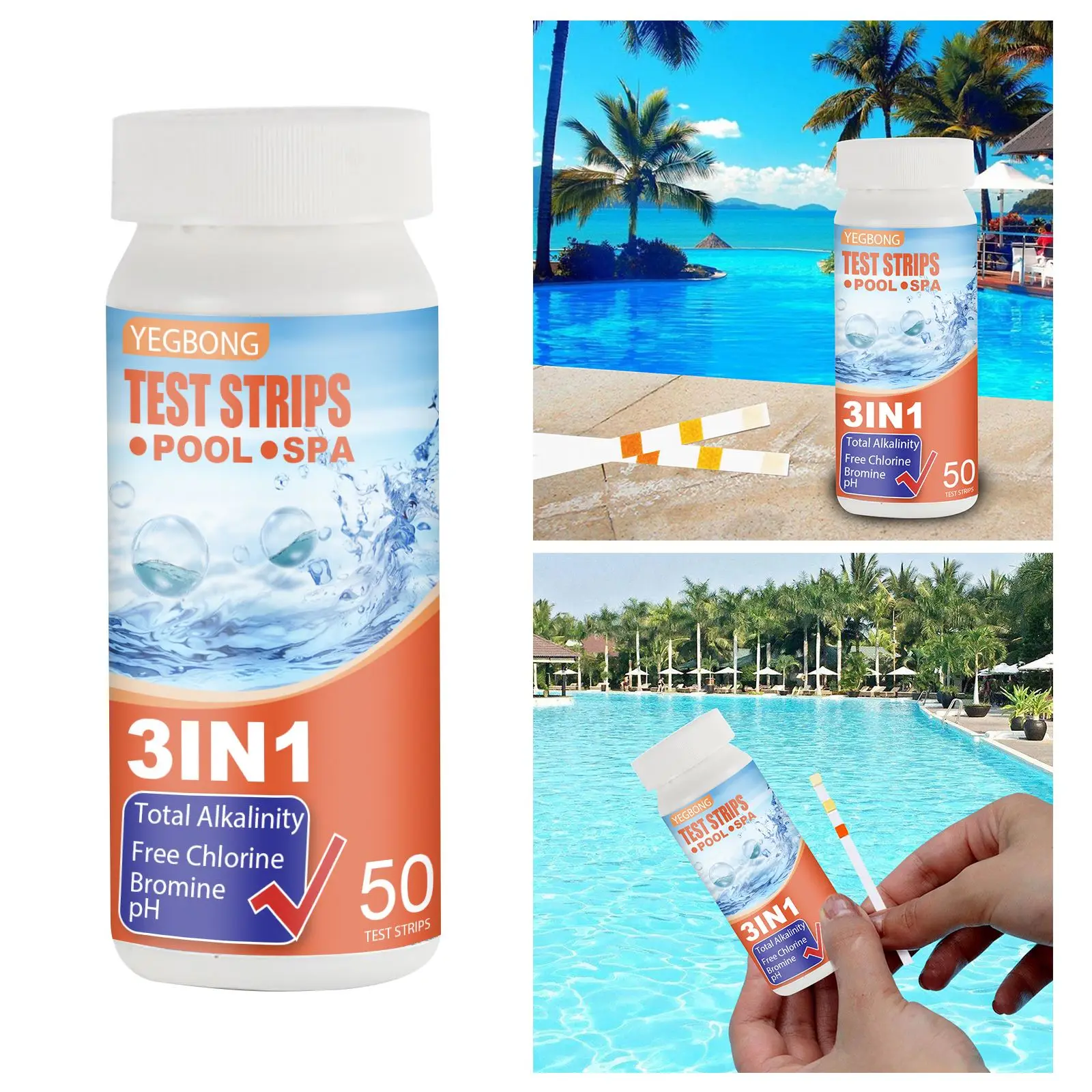 

3 in 1 Water Test Strip Kit 50pcs Multifunctional Accurate Scientific pH Total Alkalinity Free Chlorine/Bromine for Pool