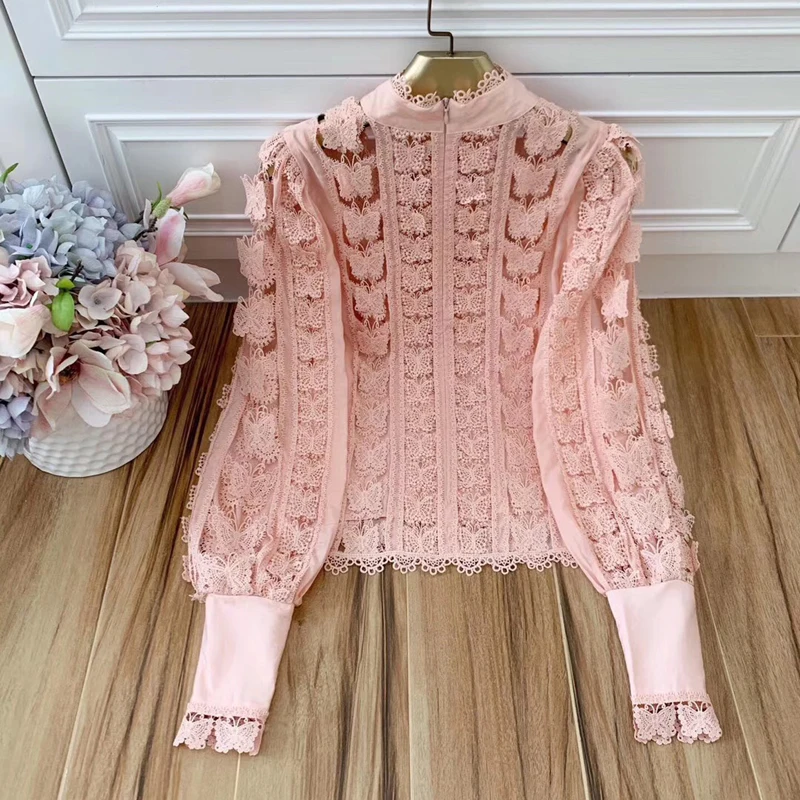 Красный RoosaRosee дизайнерский осенний женский сексуальный полый длинный рукав-фонарик Апликация в виде бабочки блузка рубашка стоячий воротник вечерние топы