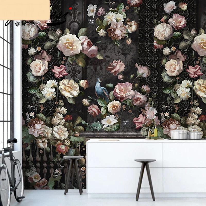 Настенные ретро-обои в скандинавском стиле с ручной росписью темные цветы для