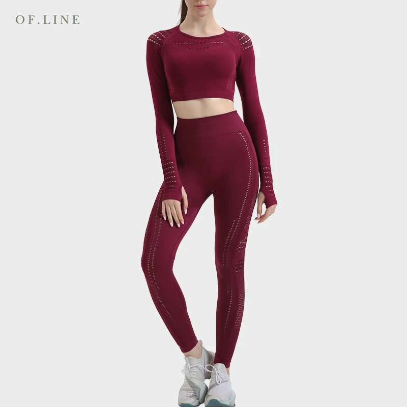 

Yoga Suit Sportswear For Gym Breathable Fitness Set 2021 Women Seamless Long Sleeve Top Hollow Out High Waist Pants