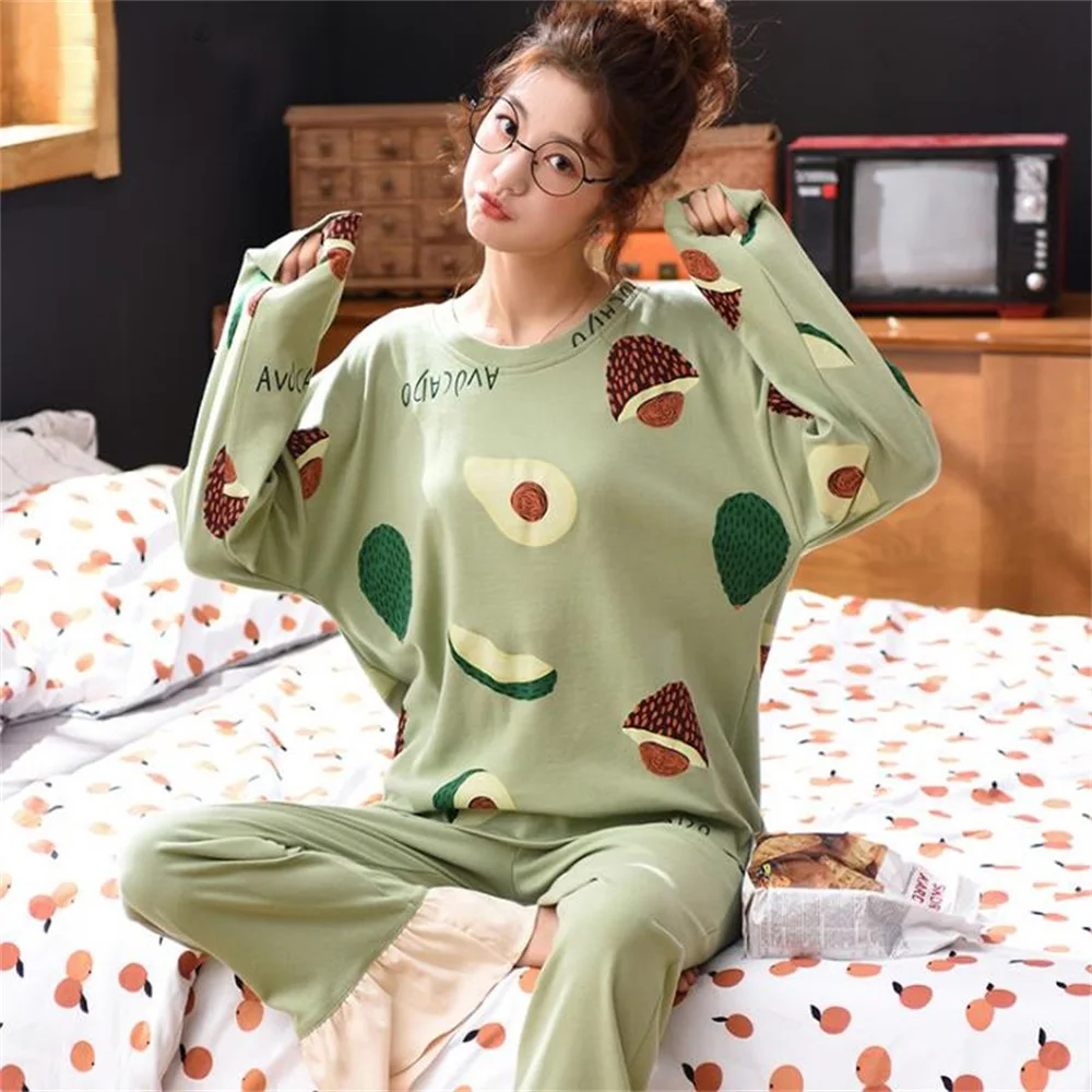 

Женская домашняя одежда, зеленая, с авокадо, с круглым вырезом, повседневная одежда для дома, хлопковая одежда для сна, Мультяшные пижамы с д...
