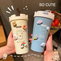 vacuum flasks water bottle straw cup stickers summer cold insulation hot coffee cups cute 500ml portable travel to drinkware