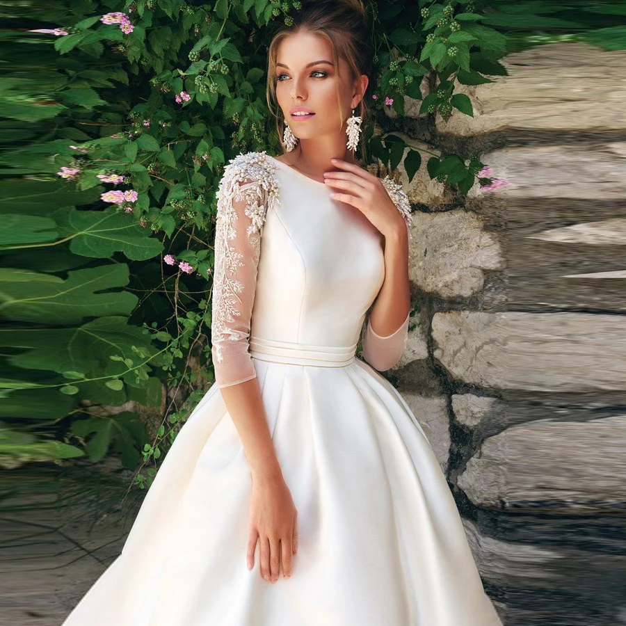

O-neck 3/4 Sleeves Beading Applique Satin A-line Wedding Dress with Pleat Belt Sweep Train Lace-up High Quality Bridal Dress