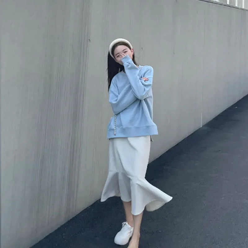 

Two Piece Set For Women Casual O-Neck Pullovers & Split Skirt Set Fashion Blue Office Women Set Elegance Casual Ropa Femenina