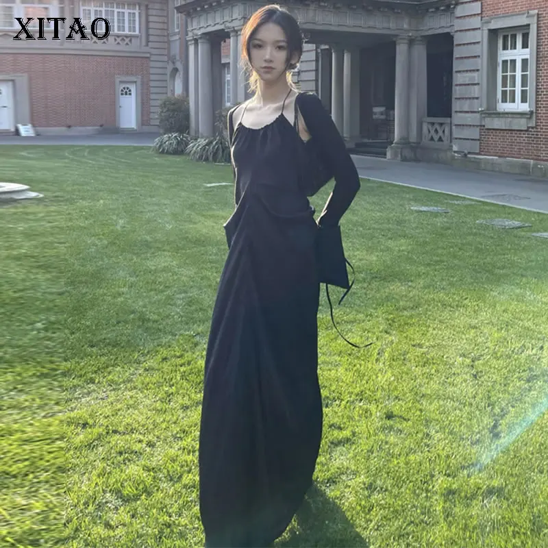 

XITAO/черные платья во французском ретро стиле; Женская одежда; Новинка 2021 года; Летние модные пикантные плиссированные платья без рукавов с в...
