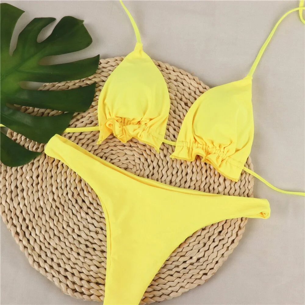 

2021 Summer Sexy Strappy Solid Color Bikini Suit Top Thong Hem Ladies Swimwear Beachwear
