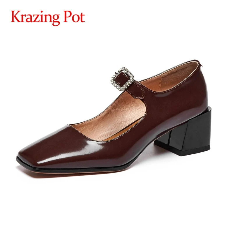 

Krazing Pot genuine leather square toe shallow med heels solid British school high street fashion buckle straps women pumps L37