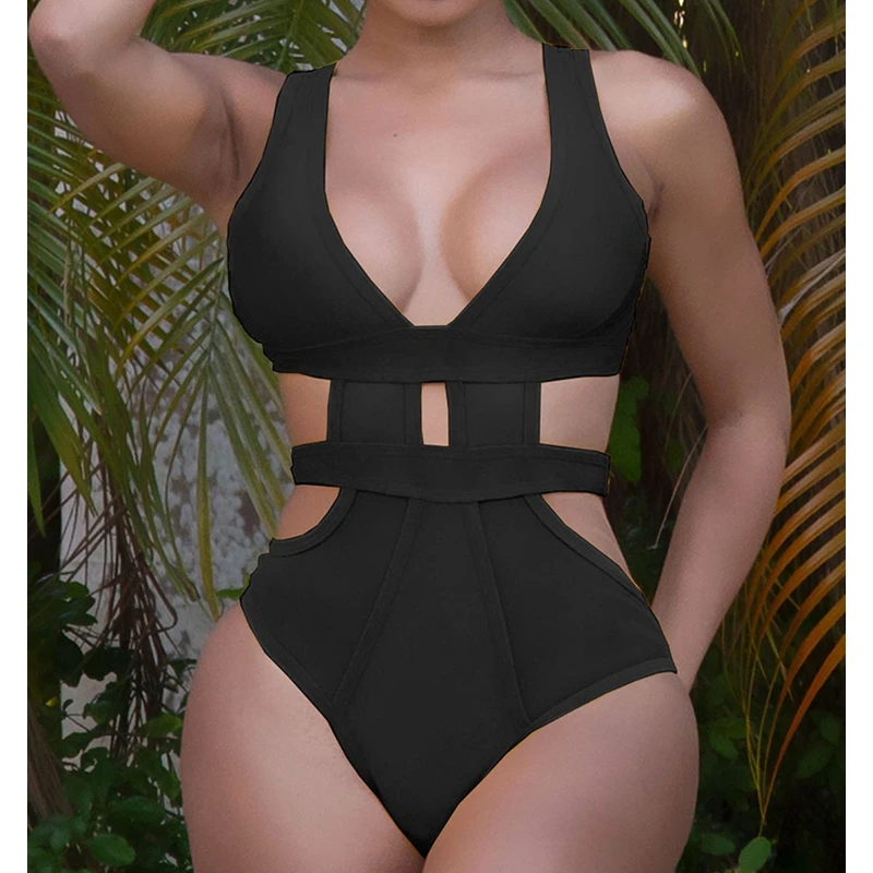 

Mandylandy Sexy Swimwear Hollow-out Mesh Stitching Swimsuit Sexy Summer Beachwear Bikini High Waist Black Bathsuits Swimwear