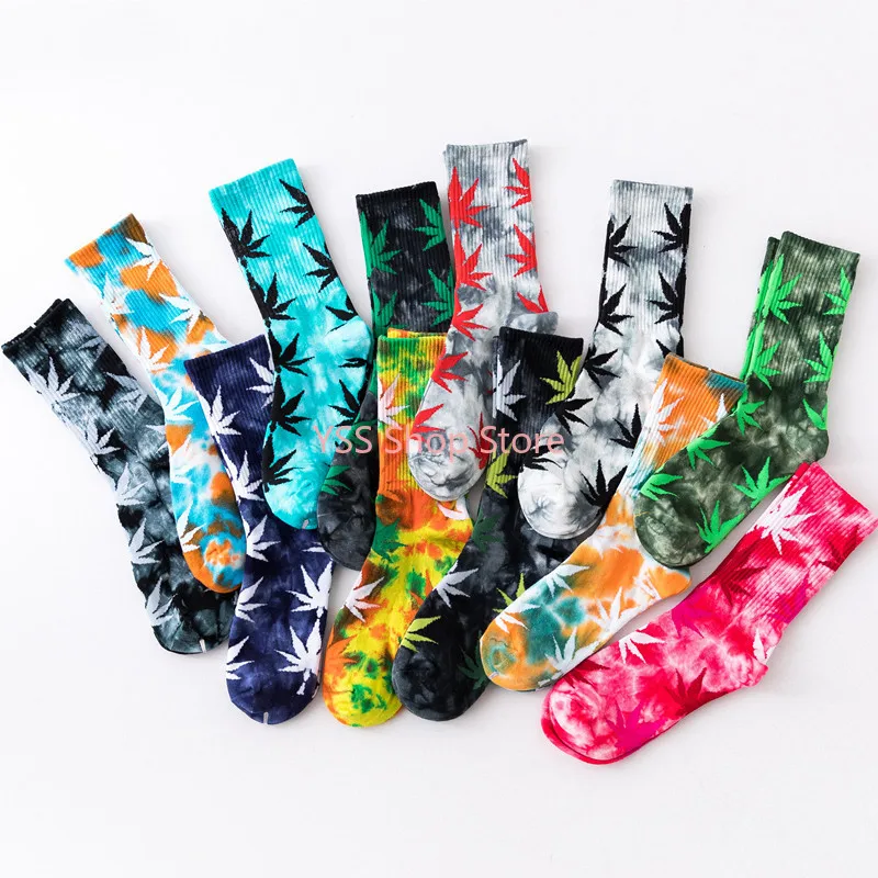 

2021 High-quality Tie-dyed Maple Leaf Socks Long Fashion Weed Socks Men Skateboard Hiphop Socks Meias Women Couple Socks 1 Pairs
