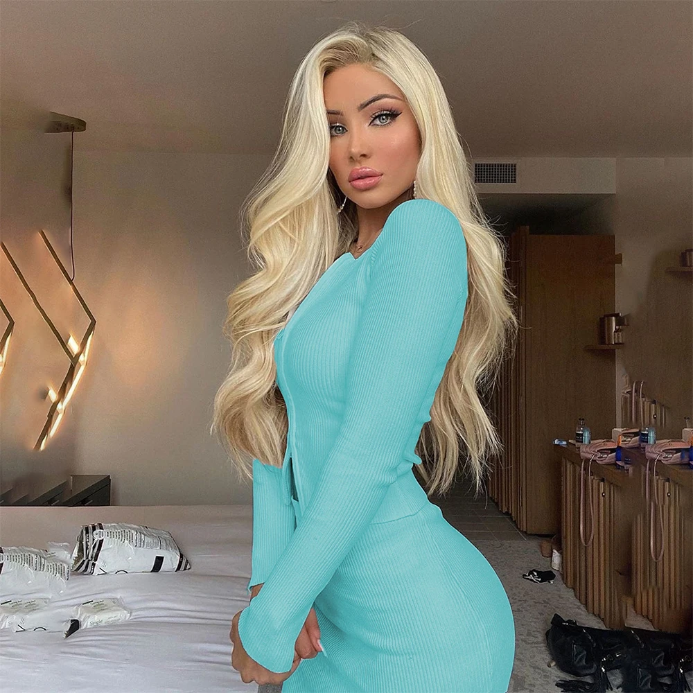 

Spring Summer Plus Size Knitted Two Piece Set Women Skirt Sexy Double Zipper Long Sleeve Top Casual High Waist Mini Skirt 2021