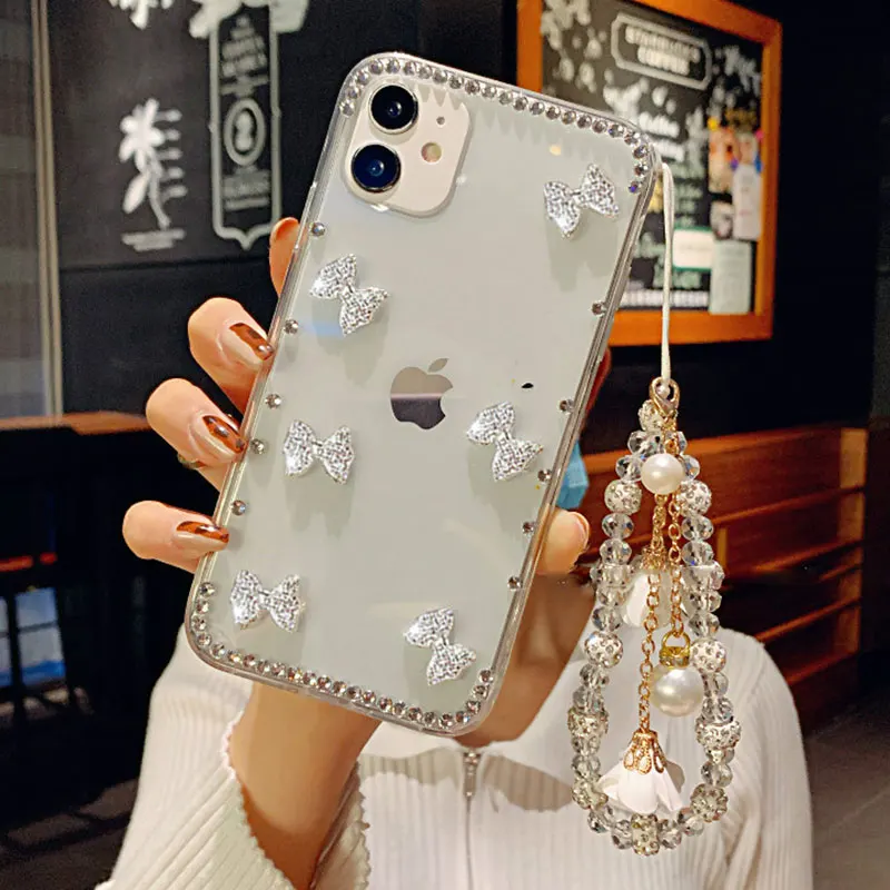

Glitter Butterfly Diamond Phone Case For Oppo A93 A92 A91 A53 A52 A9 2020 A5 A73 Reno 5G Realme C15 Bracelet Lanyard Clear Cover
