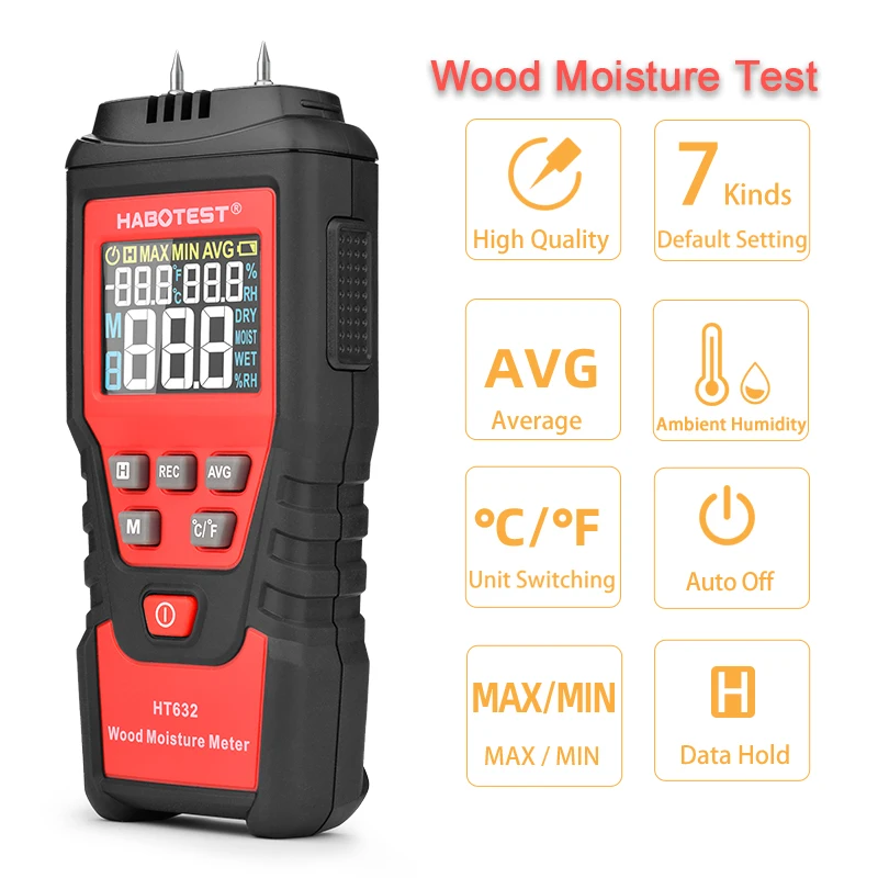 

HABOTEST Two Pins Digital Wood Moisture Meter For Wood 0-99.9% Wood Humidity Tester Timber Damp Detector with Large LCD Display