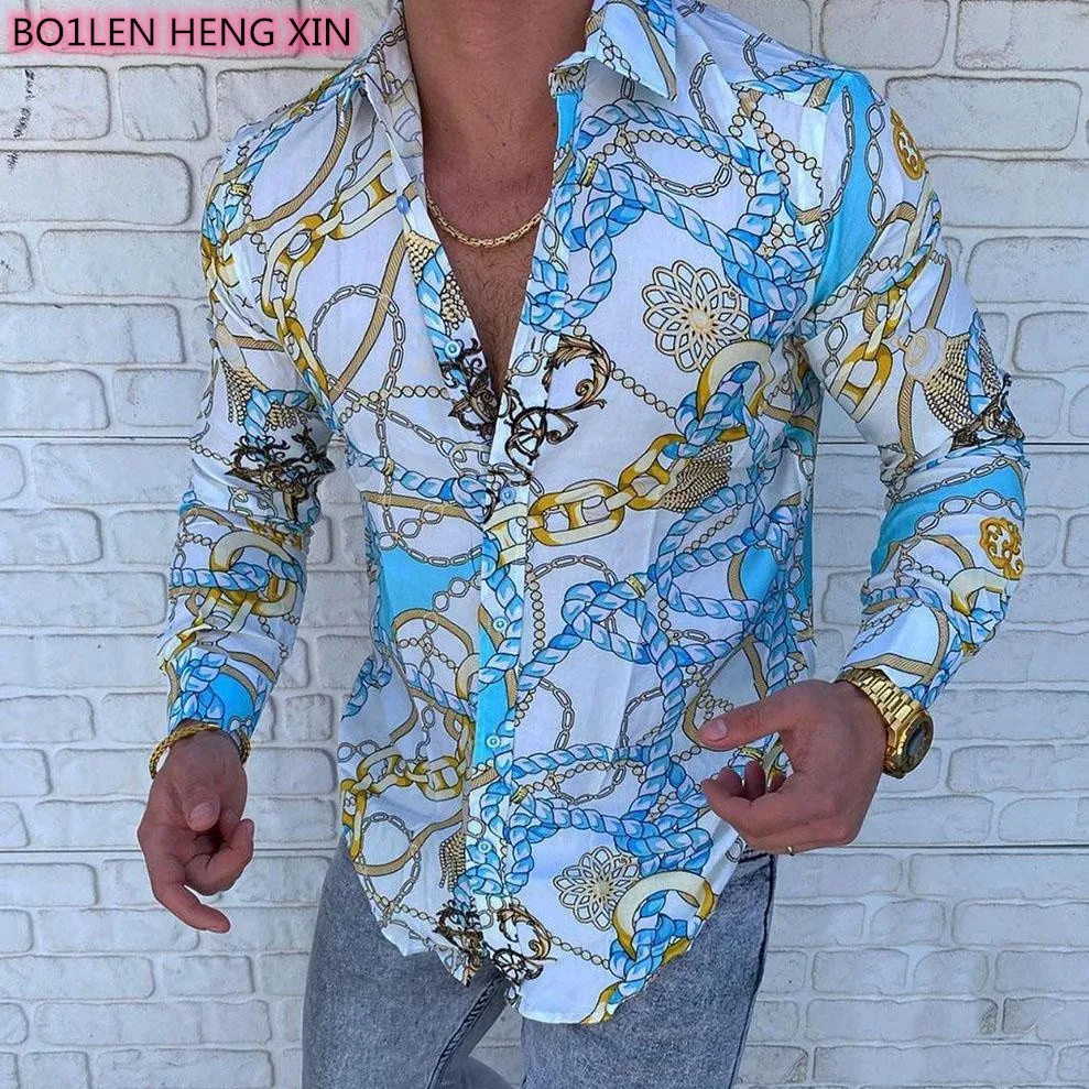 

2021 Autumn England Style Men Silk Satin Letter Printing Shirts Male Slim Fit Long Sleeve Holiday Turn-down Casual Tops