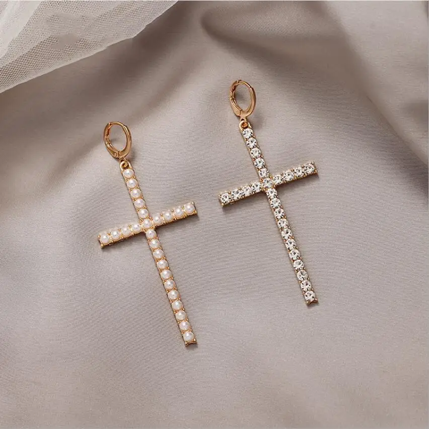 

Cross Asymmetrical Full Rhinestone Pearl Long Hoop Earrings For Women Jewelry 2020 New Statement Temperament Brincos Bijoux