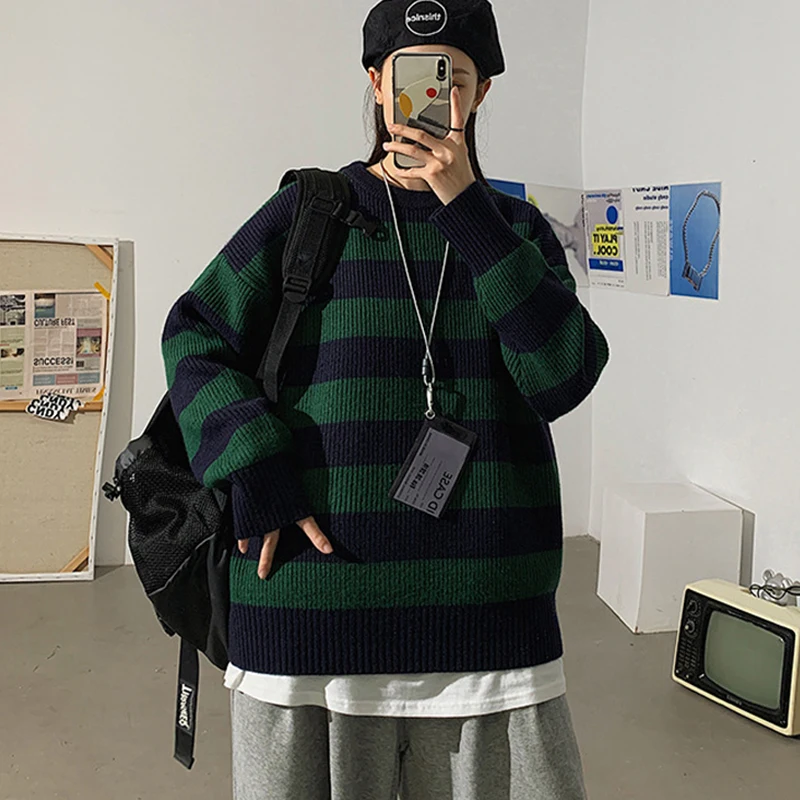 

Autumn Knitted Sweater Women Casual Striped Pullovers Oversized Sweater Jumper Women Warm Teen Gril Streetwear Knitwear