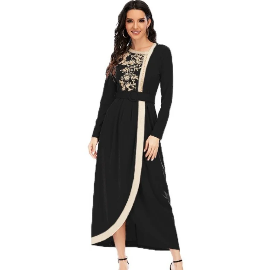 Мусульманское платье, новинка 2021 года, длинная юбка в европейском и американском стиле с вышивкой и бусинами, длинное тонкое платье с поясом...