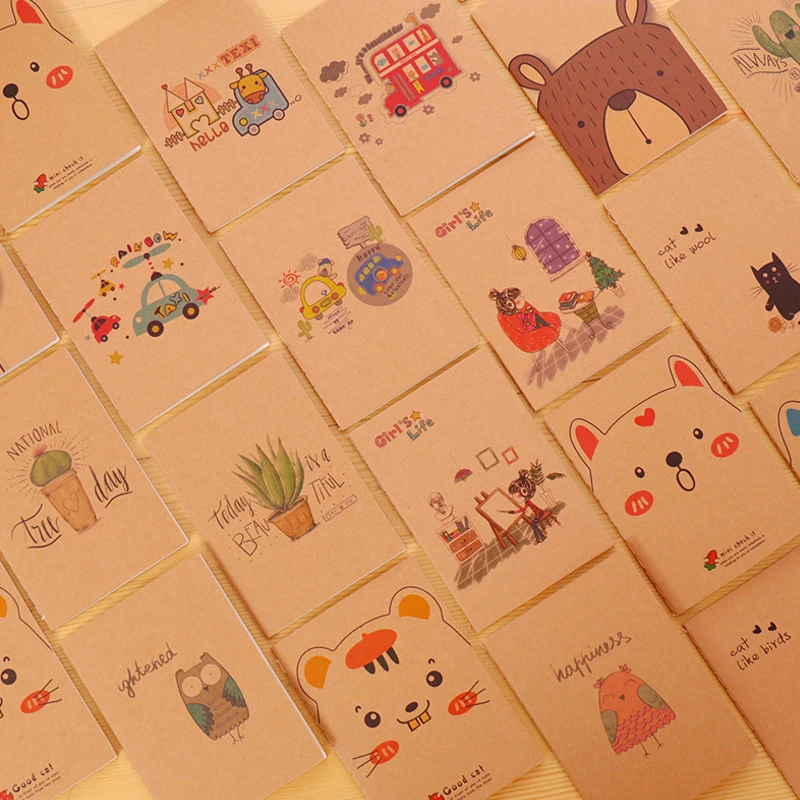 30 unids/lote hermosa de dibujos animados portátil pequeño gato Cactus zorro búho Kraft Retro de libro de papel de diario 64K Notebook papelería regalos de los niños