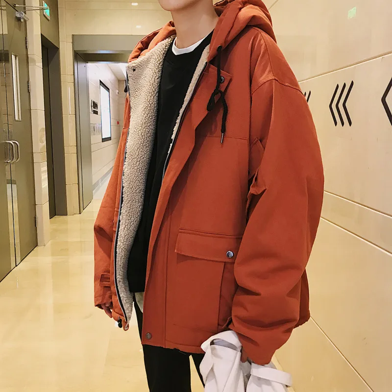 Winter Jacket Men Warm Fashion Padded Lamb Fur Jacket Men Streetwear Loose Cotton Short Coat Mens Oversized Outerwear S-XL