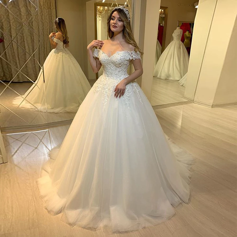 

New Product Hot Sell Handmade Bead Off Shoulder Tulle Bridal Gowns Ball Gown Wedding Dress