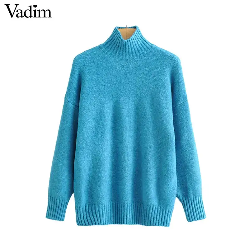 Vadim women elegant blue knitted sweaters stand collar long sleeve stretchy loose pullovers female casual warm basic tops HA616 | Женская
