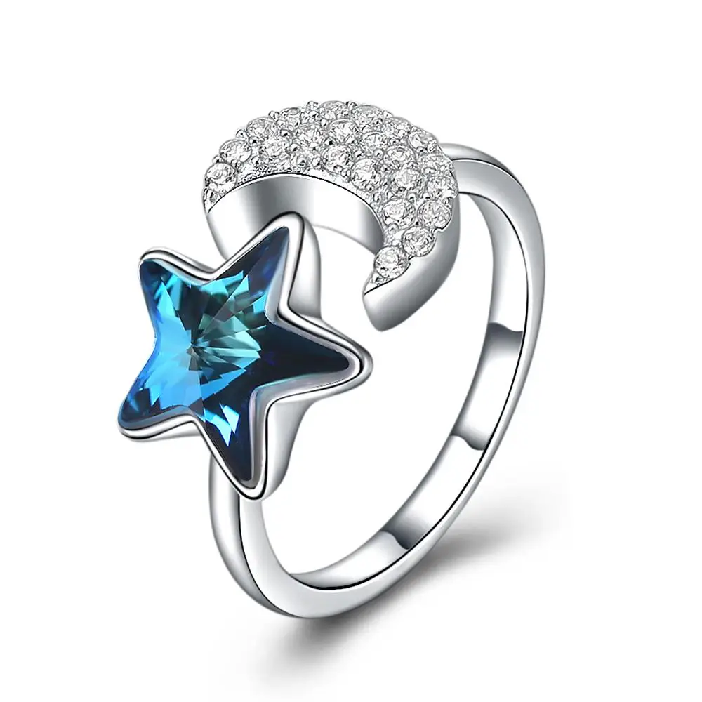 

S925 New Woman Fashion Sterling Silver Zircon Star Moon Shaped Blue Crystal Open Finger Ring Party Gift