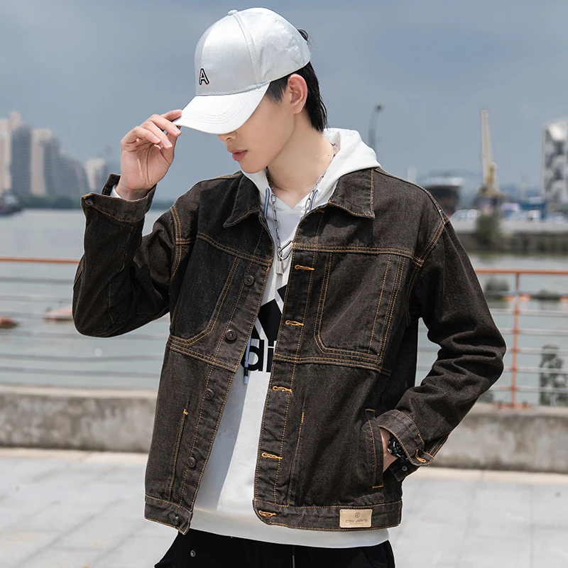 Темно-коричневый Повседневное тонкий Для мужчин джинсовая куртка размера плюс 5XL