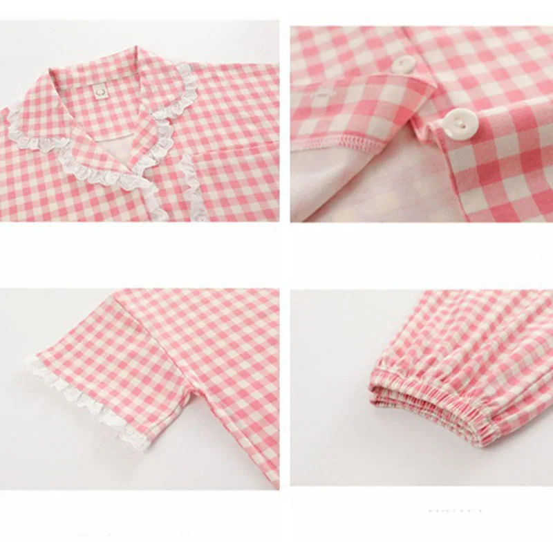 

Plaid Women Pajamas Set Cotton Short And Top 2021 Summer Fashion Comfortable Lace Nightwear Ladies Sleepwear Home Clothes