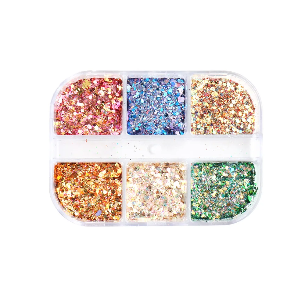 

6 Grid Holographic Glitter Powder Sequin for Nails Aurora Mixed Design Nail Decoration Set Pigment Powder Manicure