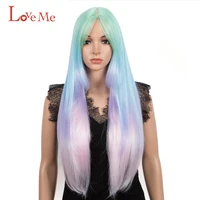 love me 32 inch straight wig synthetic with bangs long wigs for black women omber 613 rainbow cosplay wig high temperature fiber