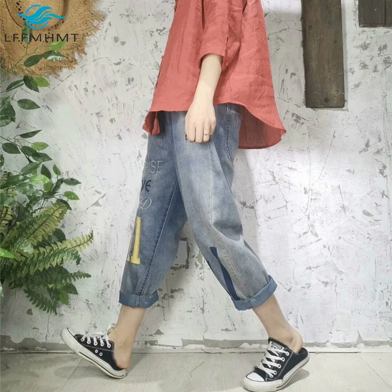 

Women Autumn New Fashion Elastic Waist Denim Pants Large Size Casual Loose Ankle Length Jeans Vintage Patchwork Wild Harem Pants